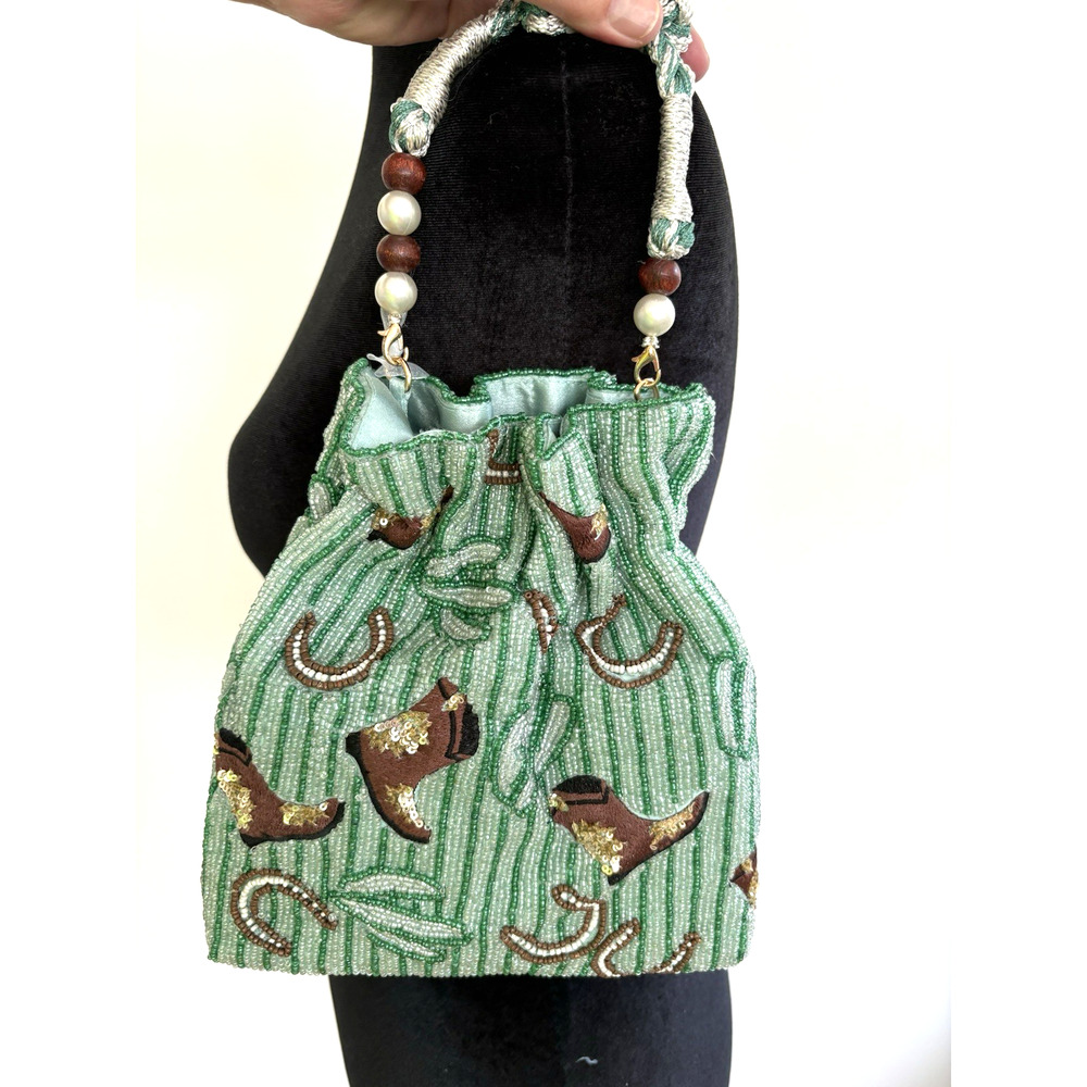 NWT Beaded Bucket Bag Western Cowboy Boots Horseshoes Handcrafted in India